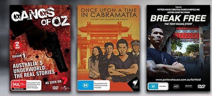 DVD covers: Gangs of Oz, Once Upon a Time in Cabramatta, and Break Free — The Tony Hoang Story